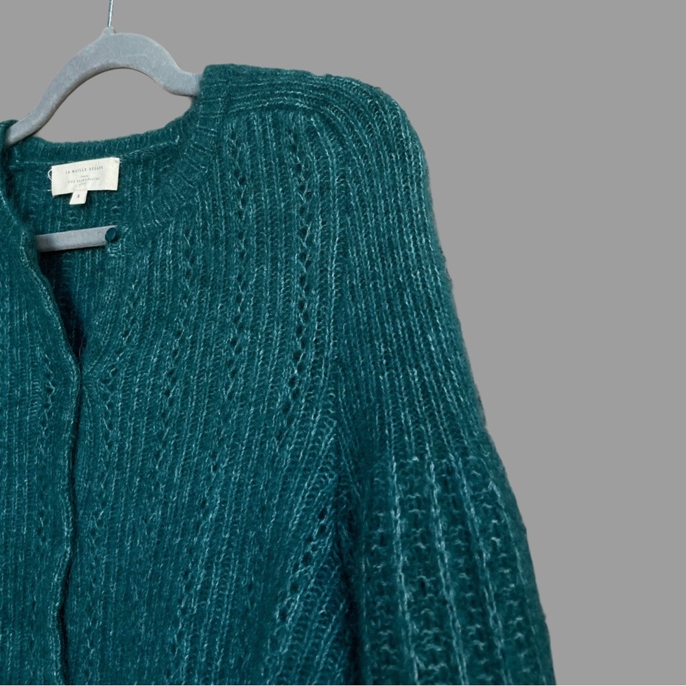 SEZANE Emerald Teal Green Mohair Wool Balloon Sleeve Alyssa Cardigan Sweater - Picture 5 of 13